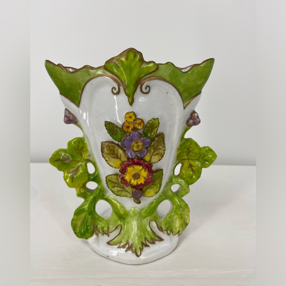 Vintage Hand Painted Porcelain Vase white with Strong Green‎ Accents & Florwers